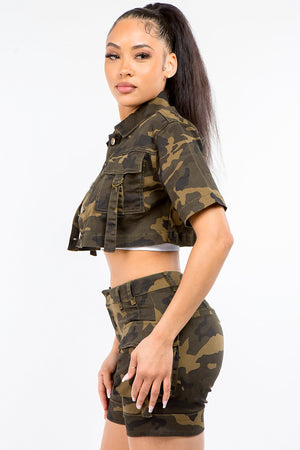 Camouflage Short Sleeve Cropped Jacket - The Ebonee Kouture Experience Handbag Shop