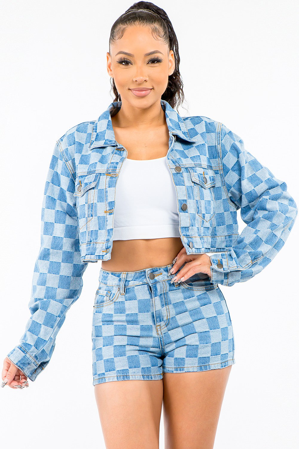 Checkered Cropped Denim Jacket - The Ebonee Kouture Experience Handbag Shop