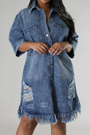 Distressed Raw Hem Button Up Denim Dress - The Ebonee Kouture Experience Handbag Shop