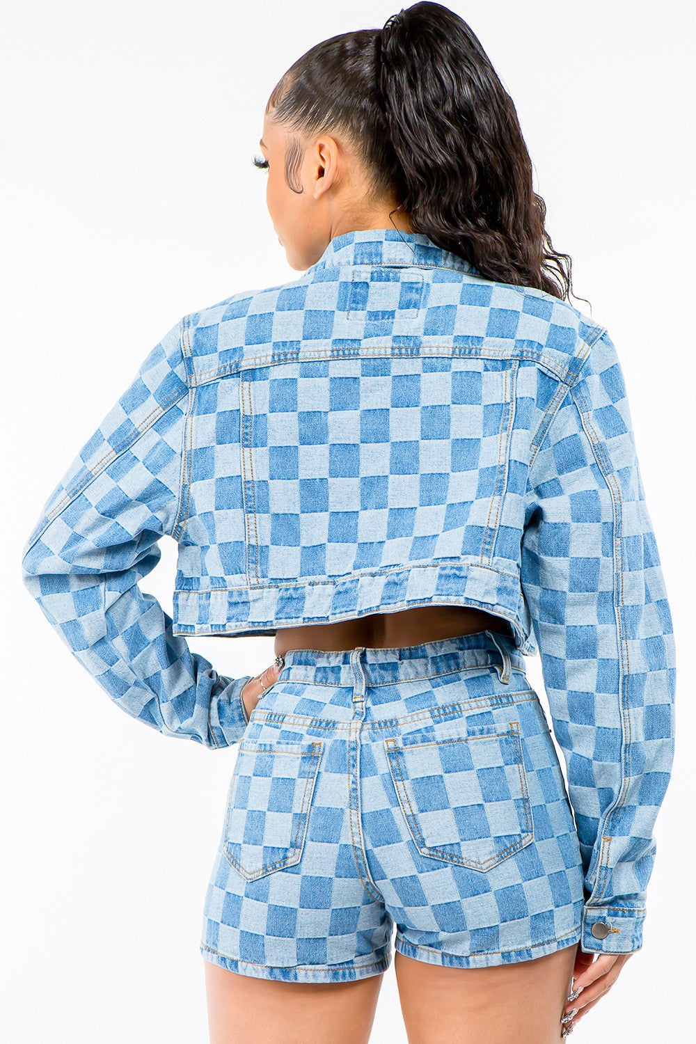 Checkered Cropped Denim Jacket - The Ebonee Kouture Experience Handbag Shop