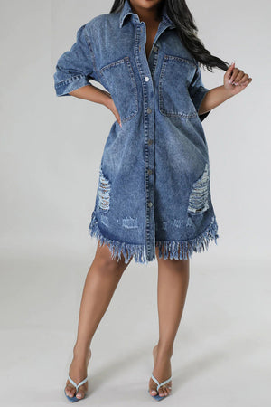 Distressed Raw Hem Button Up Denim Dress - The Ebonee Kouture Experience Handbag Shop