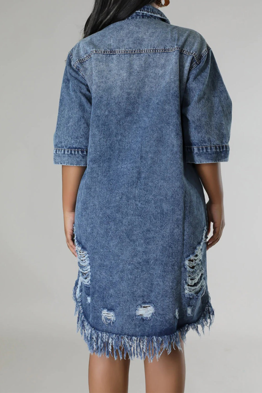 Distressed Raw Hem Button Up Denim Dress - The Ebonee Kouture Experience Handbag Shop