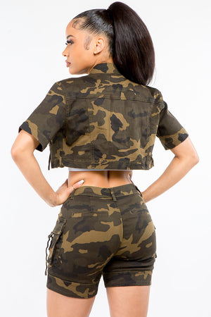 Camouflage Short Sleeve Cropped Jacket - The Ebonee Kouture Experience Handbag Shop