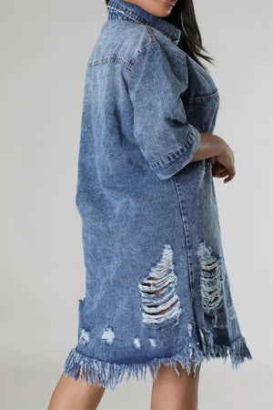 Distressed Raw Hem Button Up Denim Dress - The Ebonee Kouture Experience Handbag Shop