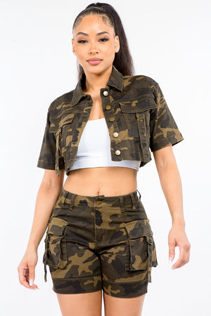 Camouflage Short Sleeve Cropped Jacket - The Ebonee Kouture Experience Handbag Shop