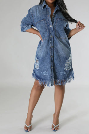 Distressed Raw Hem Button Up Denim Dress - The Ebonee Kouture Experience Handbag Shop