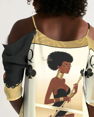 Black Queen Card Women's Open Shoulder A-Line Dress - The Ebonee Kouture Experience Handbag Shop