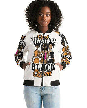 Good Morning Black Queen Women's Bomber Jacket - The Ebonee Kouture Experience Handbag Shop