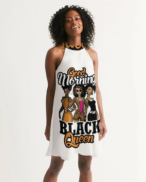 Good Morning Black Queen Women's Halter Dress - The Ebonee Kouture Experience Handbag Shop