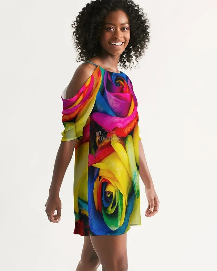 Rainbow of Roses Women's Open Shoulder A-Line Dress