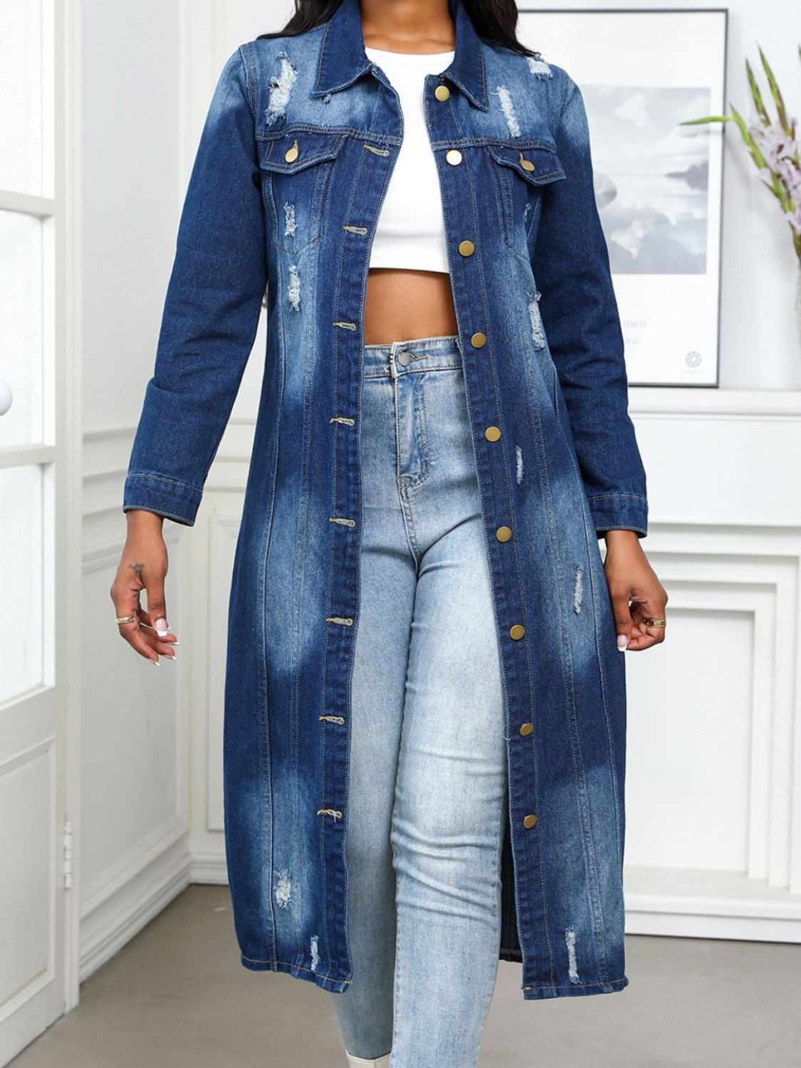 Distressed Button Up Collared Neck Denim Top Trendsi