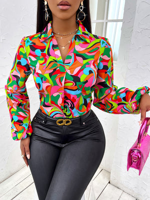 Printed V-Neck Long Sleeve Shirt - The Ebonee Kouture Experience Handbag Shop