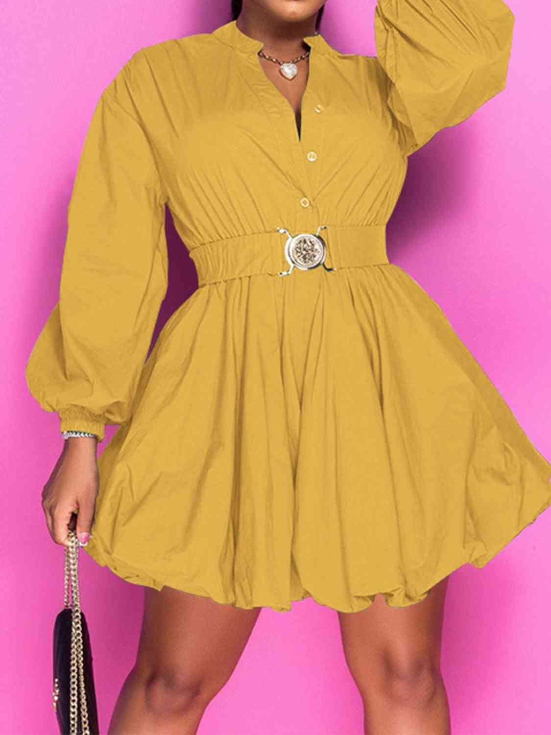 Notched Button Up Balloon Sleeves Dress - The Ebonee Kouture Experience Handbag Shop