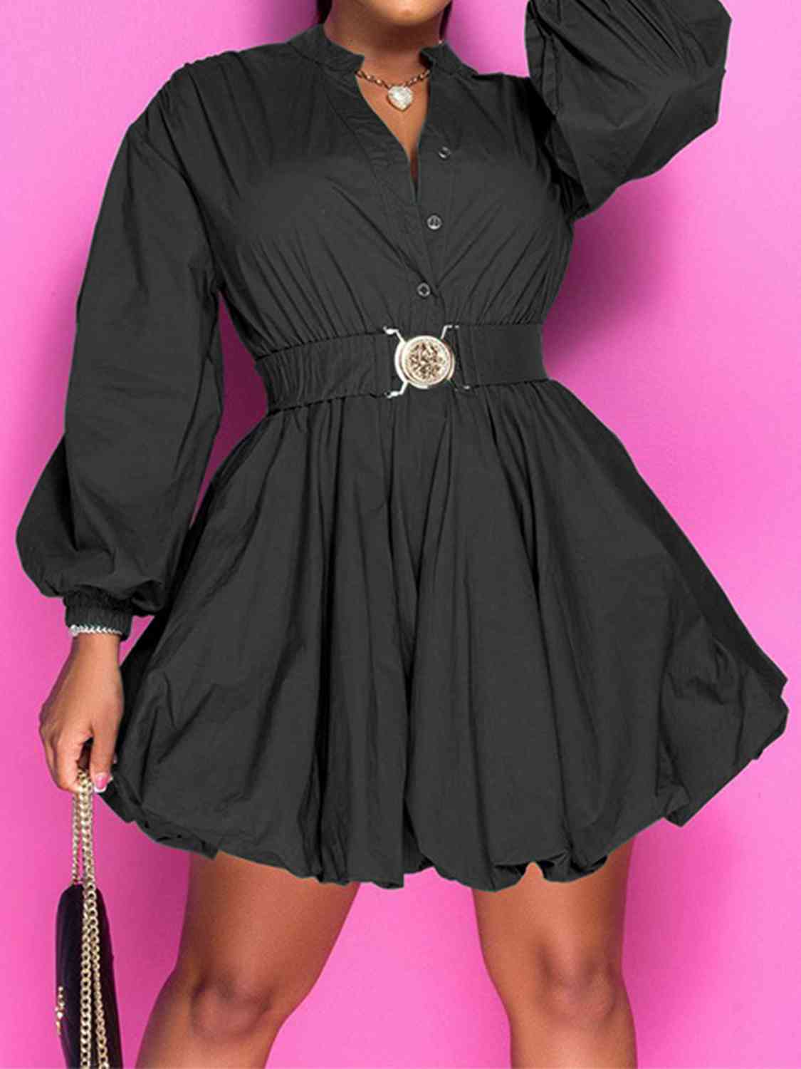 Notched Button Up Balloon Sleeves Dress - The Ebonee Kouture Experience Handbag Shop