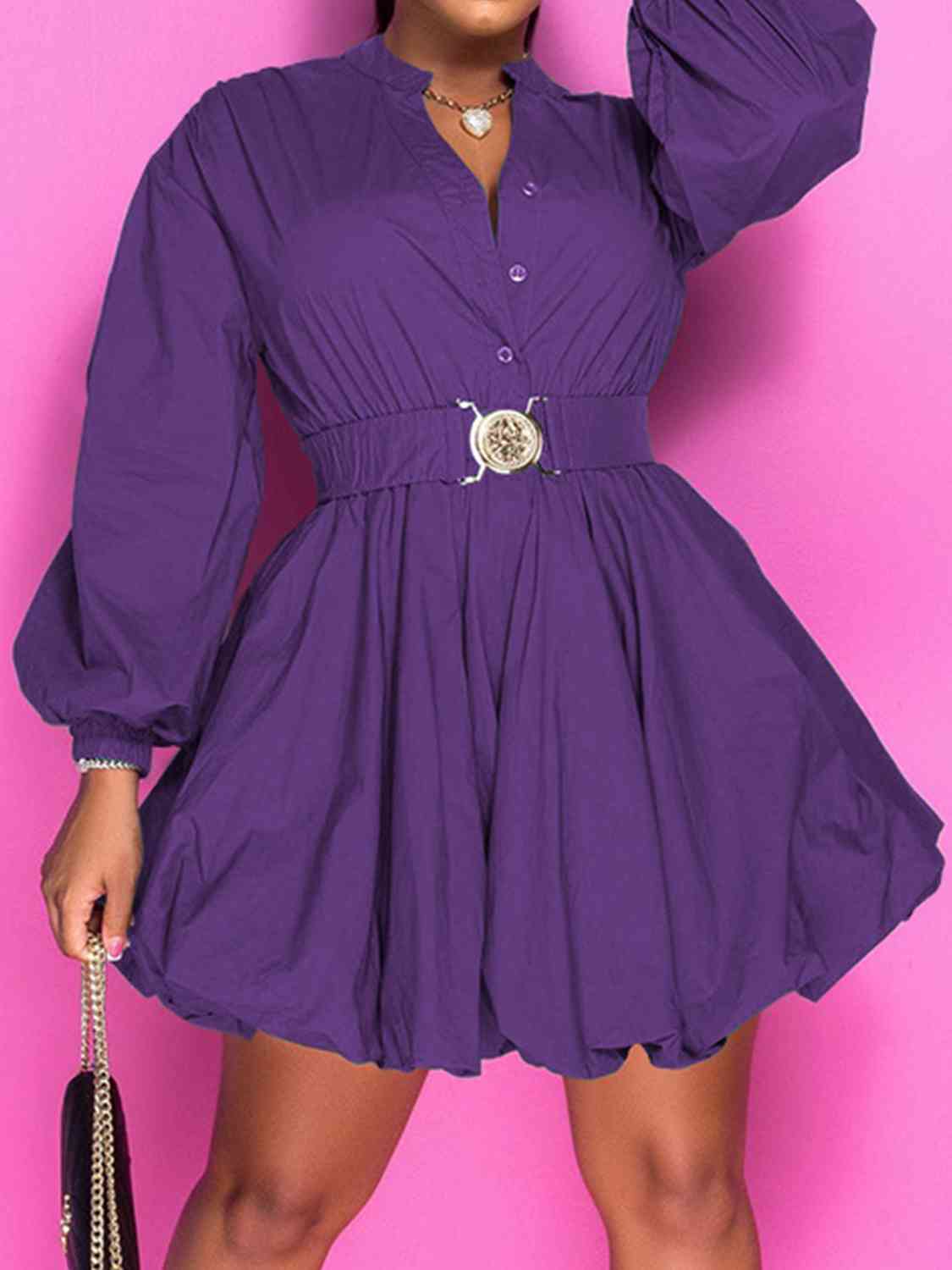 Notched Button Up Balloon Sleeves Dress - The Ebonee Kouture Experience Handbag Shop