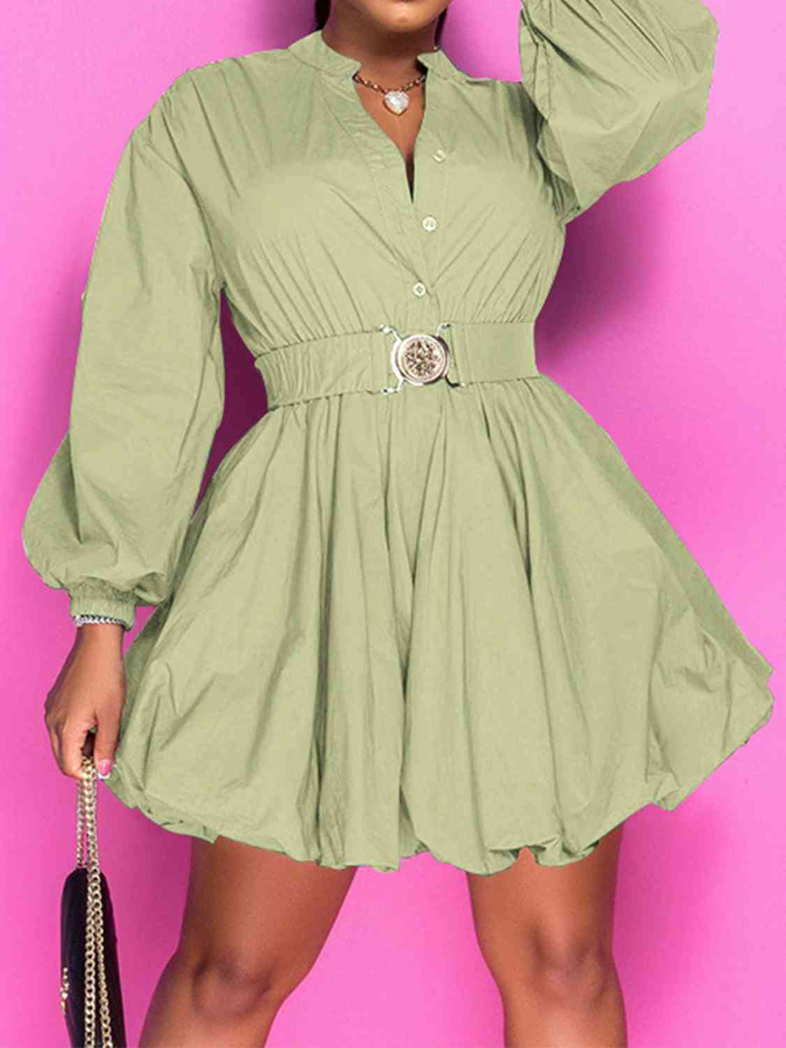 Notched Button Up Balloon Sleeves Dress - The Ebonee Kouture Experience Handbag Shop