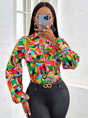 Printed V-Neck Long Sleeve Shirt - The Ebonee Kouture Experience Handbag Shop