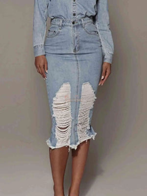 Distressed Slit Denim Skirt - The Ebonee Kouture Experience Handbag Shop