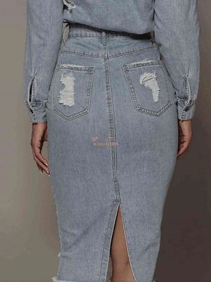 Distressed Slit Denim Skirt - The Ebonee Kouture Experience Handbag Shop