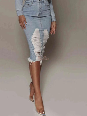 Distressed Slit Denim Skirt - The Ebonee Kouture Experience Handbag Shop