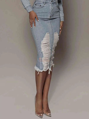 Distressed Slit Denim Skirt - The Ebonee Kouture Experience Handbag Shop