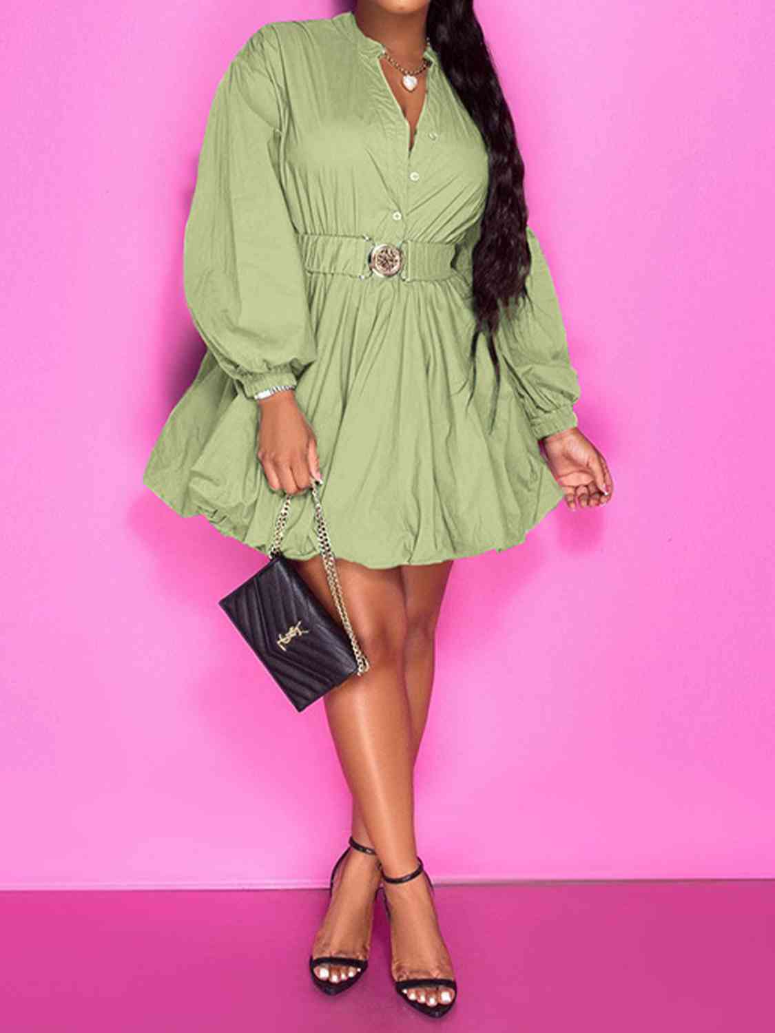 Notched Button Up Balloon Sleeves Dress - The Ebonee Kouture Experience Handbag Shop