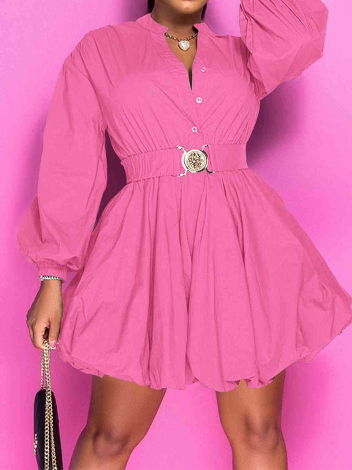 Notched Button Up Balloon Sleeves Dress - The Ebonee Kouture Experience Handbag Shop