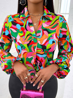 Printed V-Neck Long Sleeve Shirt - The Ebonee Kouture Experience Handbag Shop